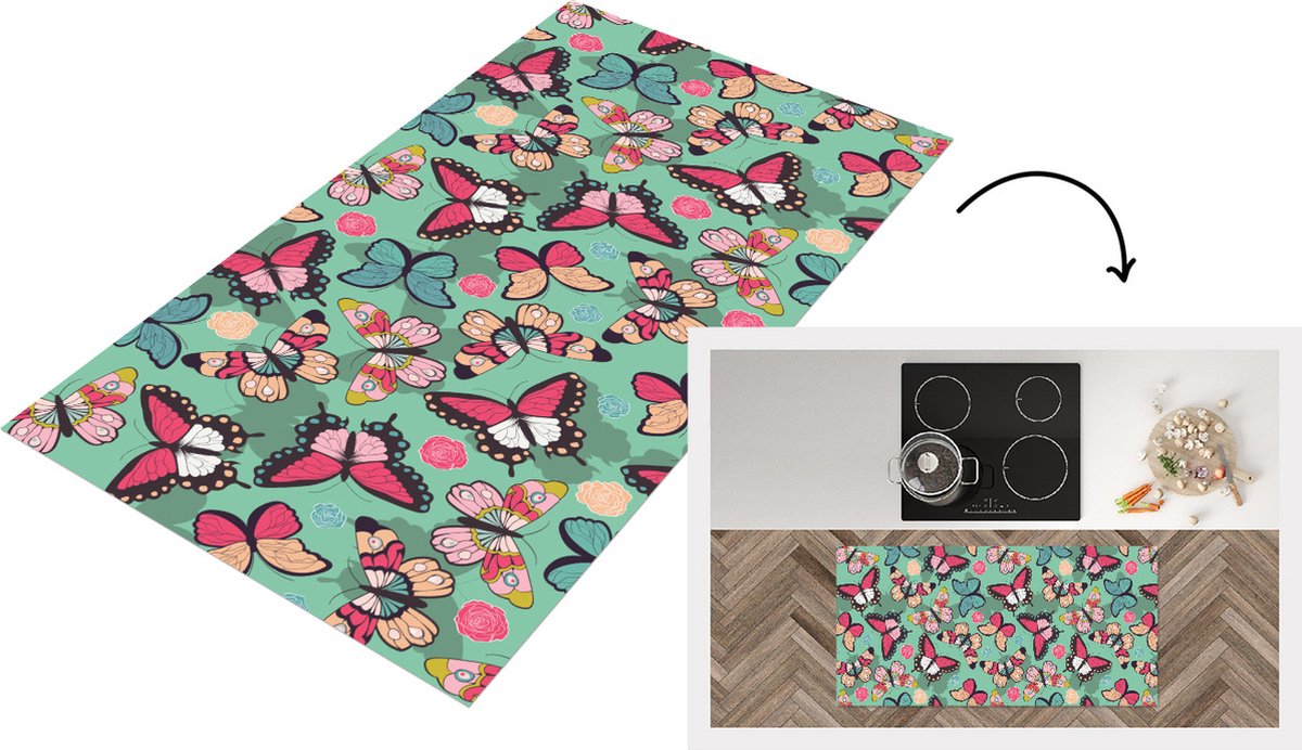KitchenYeah Keukenloper - Loper keuken - Vlinders - Patronen - Lente - 120x60 cm - Keukenloper vinyl Multicolor