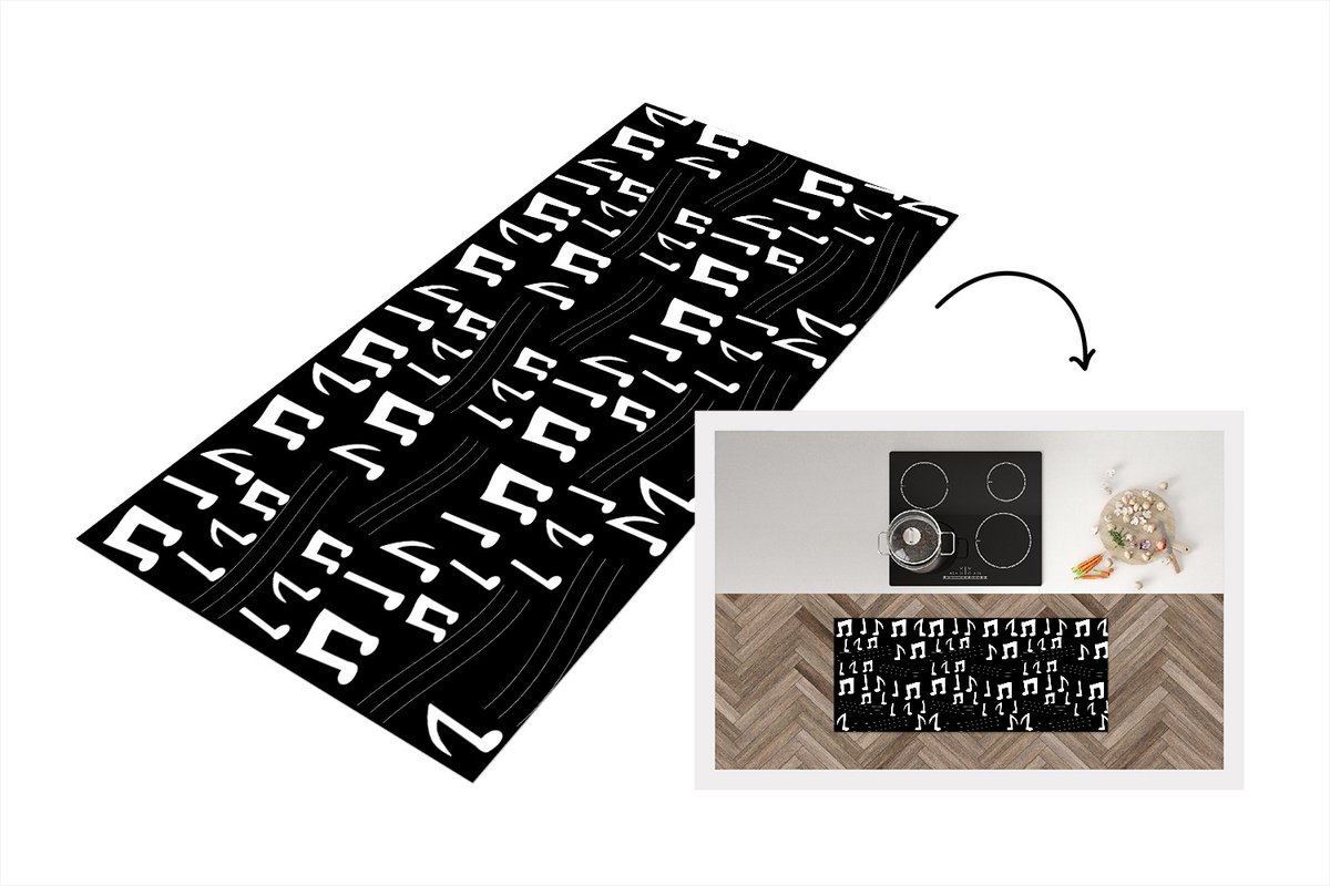 KitchenYeah Keukenloper - Loper keuken - Muziek - Zwart Wit - Patroon - 120x50 cm - Keukenloper vinyl Zwart; Wit
