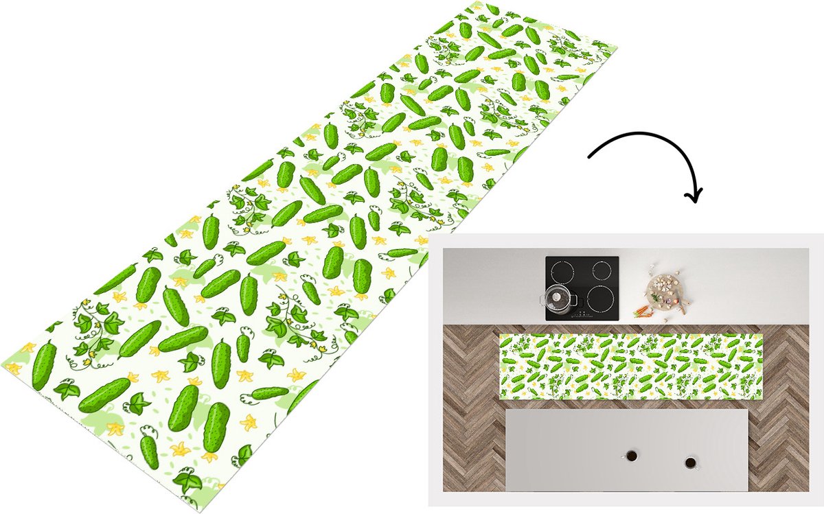 KitchenYeah Keukenloper - Loper keuken - Komkommer - Groente - Patronen - 240x60 cm - Keukenloper vinyl Multicolor