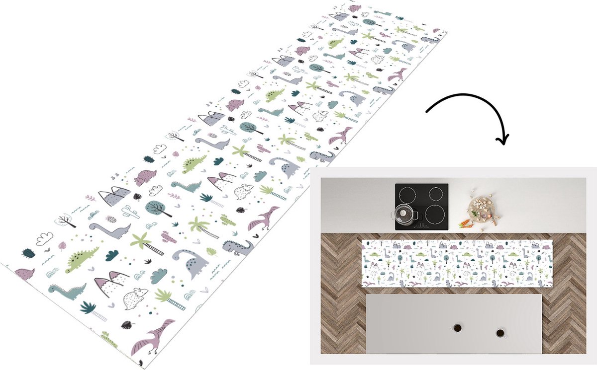 KitchenYeah Keukenloper - Loper keuken - Patroon - Dinosaurus - Kinderen - 200x50 cm - Keukenloper vinyl Multicolor