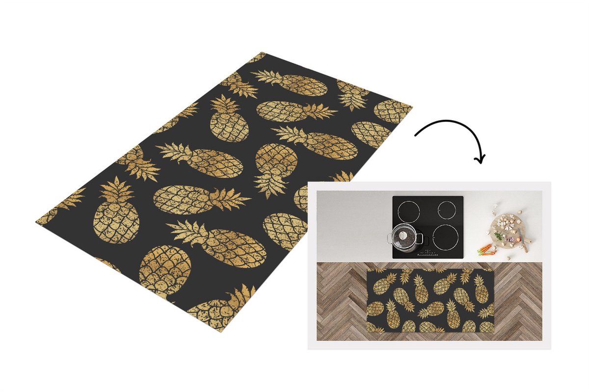 KitchenYeah Keukenloper - Loper keuken - Ananas - Goud - Luxe - Patronen - 120x60 cm - Keukenloper vinyl Multicolor