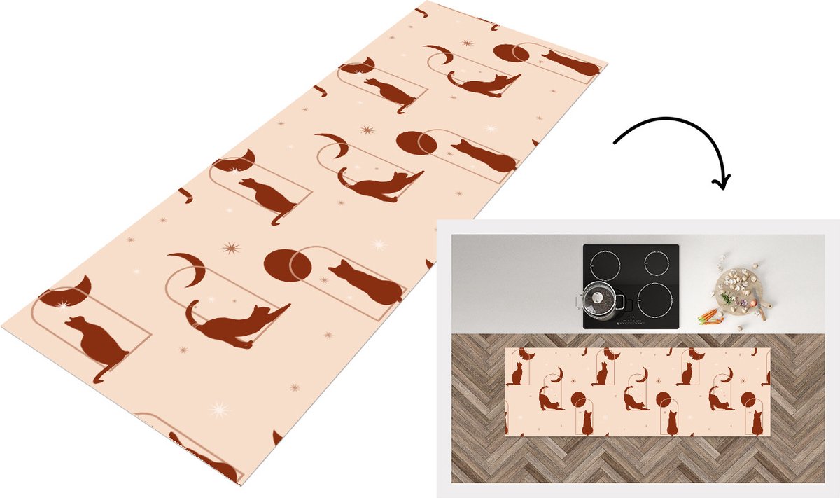 KitchenYeah Keukenloper - Loper keuken - Kat - Sterren - Patronen - 150x50 cm - Keukenloper vinyl Multicolor