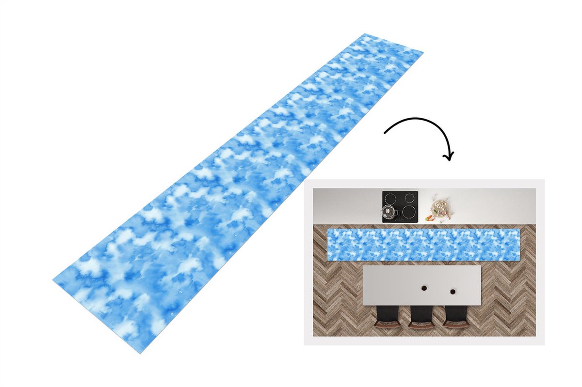 KitchenYeah Keukenloper - Loper keuken - Waterverf - Abstract - Blauw - Patronen - 300x50 cm - Keukenloper vinyl Multicolor