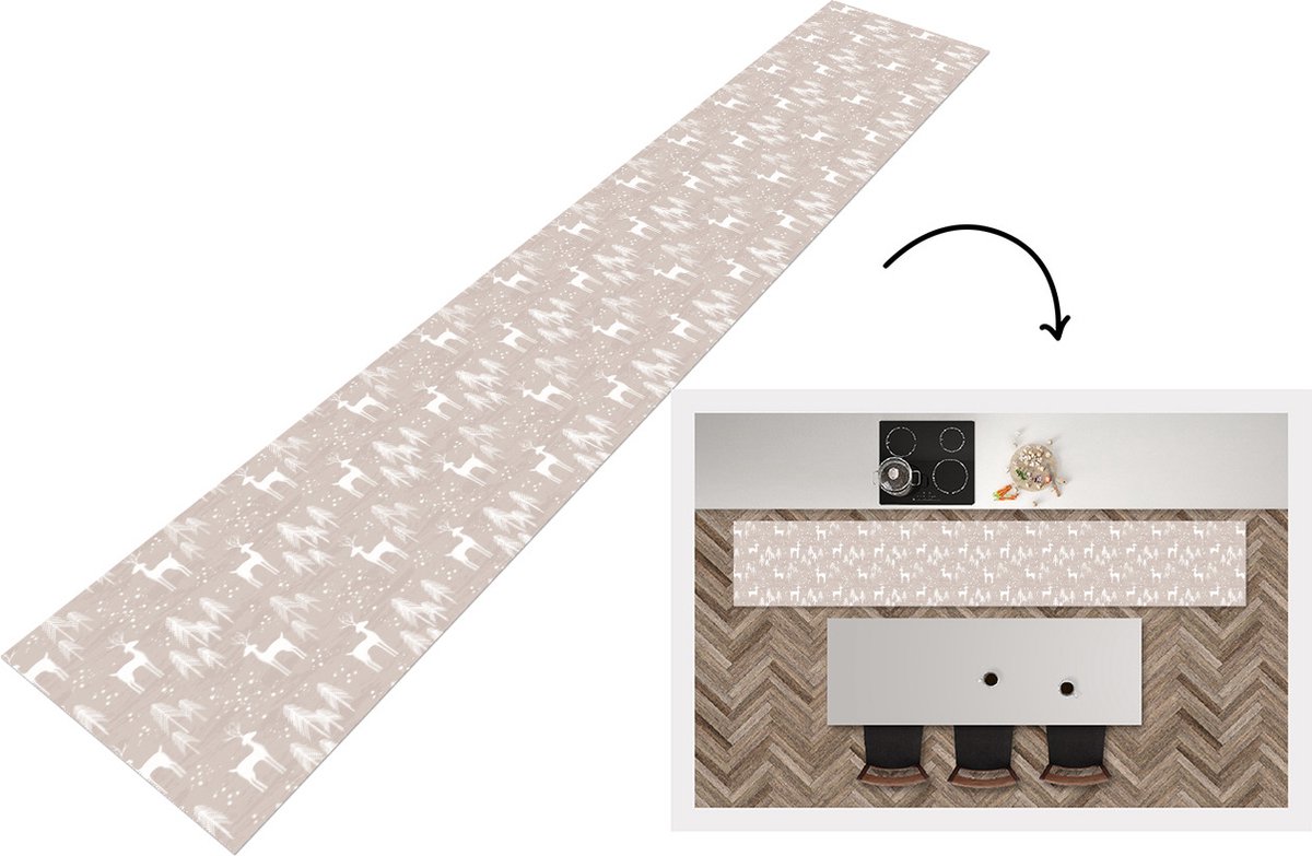 KitchenYeah Keukenloper - Loper keuken - Patronen - Hert - Wit - Beige - 300x50 cm - Keukenloper vinyl Multicolor