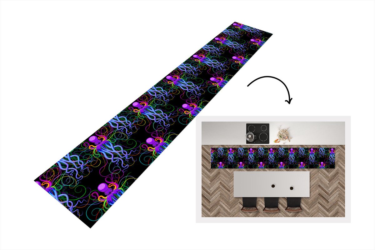 KitchenYeah Keukenloper - Loper keuken - Octopus - Regenboog - Neon - Abstract - Patronen - 300x50 cm - Keukenloper vinyl Multicolor
