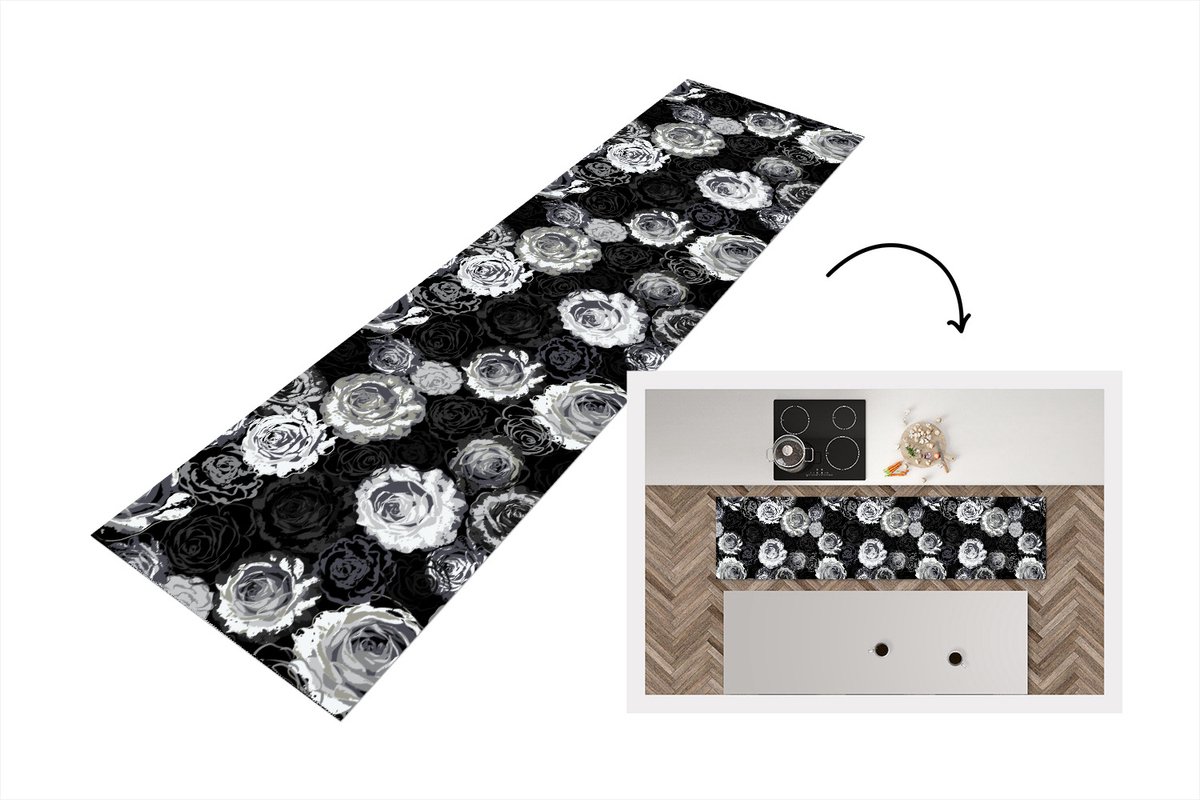 KitchenYeah Keukenloper - Loper keuken - Rozen - Zwart Wit - Patronen - Keukenloper vinyl, foto 3