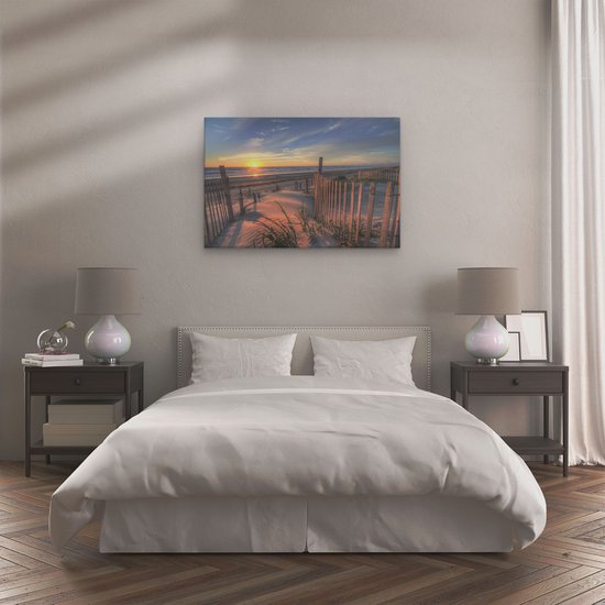 Artaza Canvas Schilderij Strand en Zee vanuit Duinen met Zonsondergang - 120x80 cm - Groot - Wanddecoratie Woonkamer - Schilderijen - Muurdecoratie