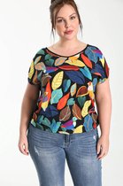Paprika Dames T-shirt in twee stoffen, bedrukt met vogels en bladeren. - T-shirt - Maat 48