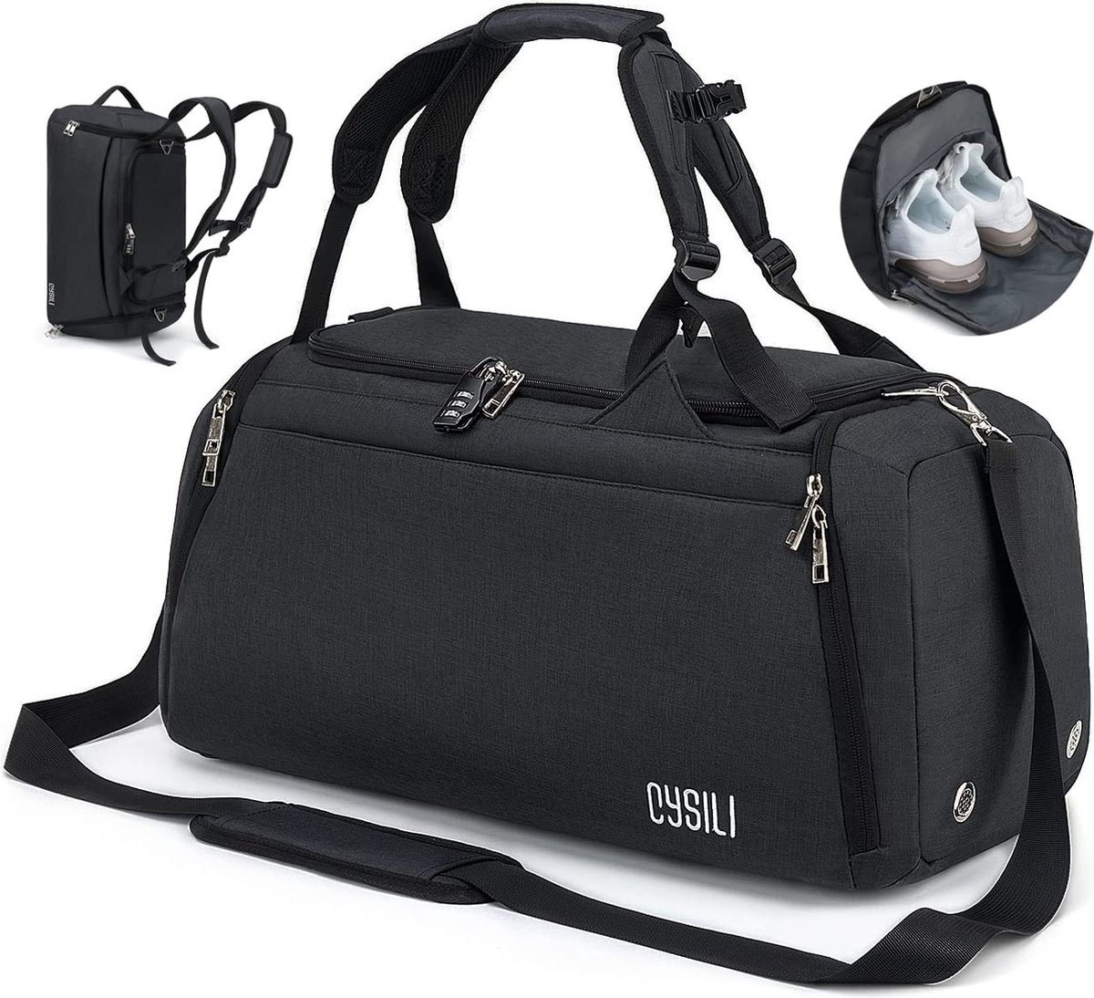 CySILI® Reistas, sporttas, kan als rugzak gedragen worden, handbagage, met schoenenvak en vak voor natte spullen, met cijferslot - voor dames en heren - tas voor sport, fitness, 42 liter inhoud, gym