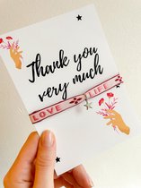 Wenskaart met sieraad - Thank you bedankt kaartje - Verstelbaar armbandje roze Love life ster zilver - Verkleurt niet - In cadeauverpakking - Snel in huis