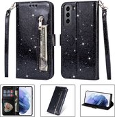 Glitter Bookcase voor Samsung Galaxy S22 | Hoogwaardig PU Leren Hoesje | Lederen Wallet Case | Telefoonhoesje | Pasjeshouder | Portemonnee | Zwart