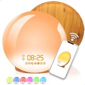 Wake-Up Light Wood inclusief handleiding | Wekkerradio | Zonsondergang simulatie | dubbele wektijd | USB aansluiting / batterij | 7 verschillende kleuren & 7 Natuurlijke wekgeluiden