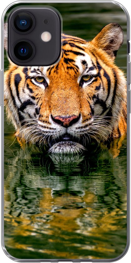 Telefoonhoesje Geschikt voor iPhone 12 hoesje - Tijger - Water - Reflectie - Siliconen Telefoonhoesje Telefoonhoesje