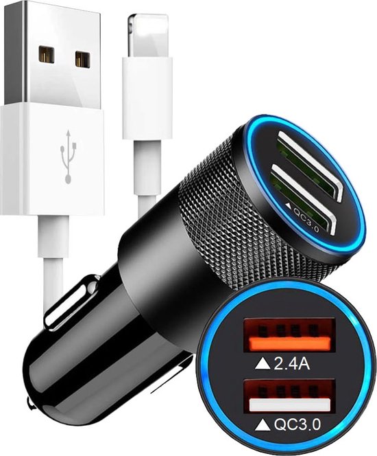 Autolader USB + iPhone kabel - Auto oplader USB - USB autolader 2 poorten - Auto  lader... | bol.com