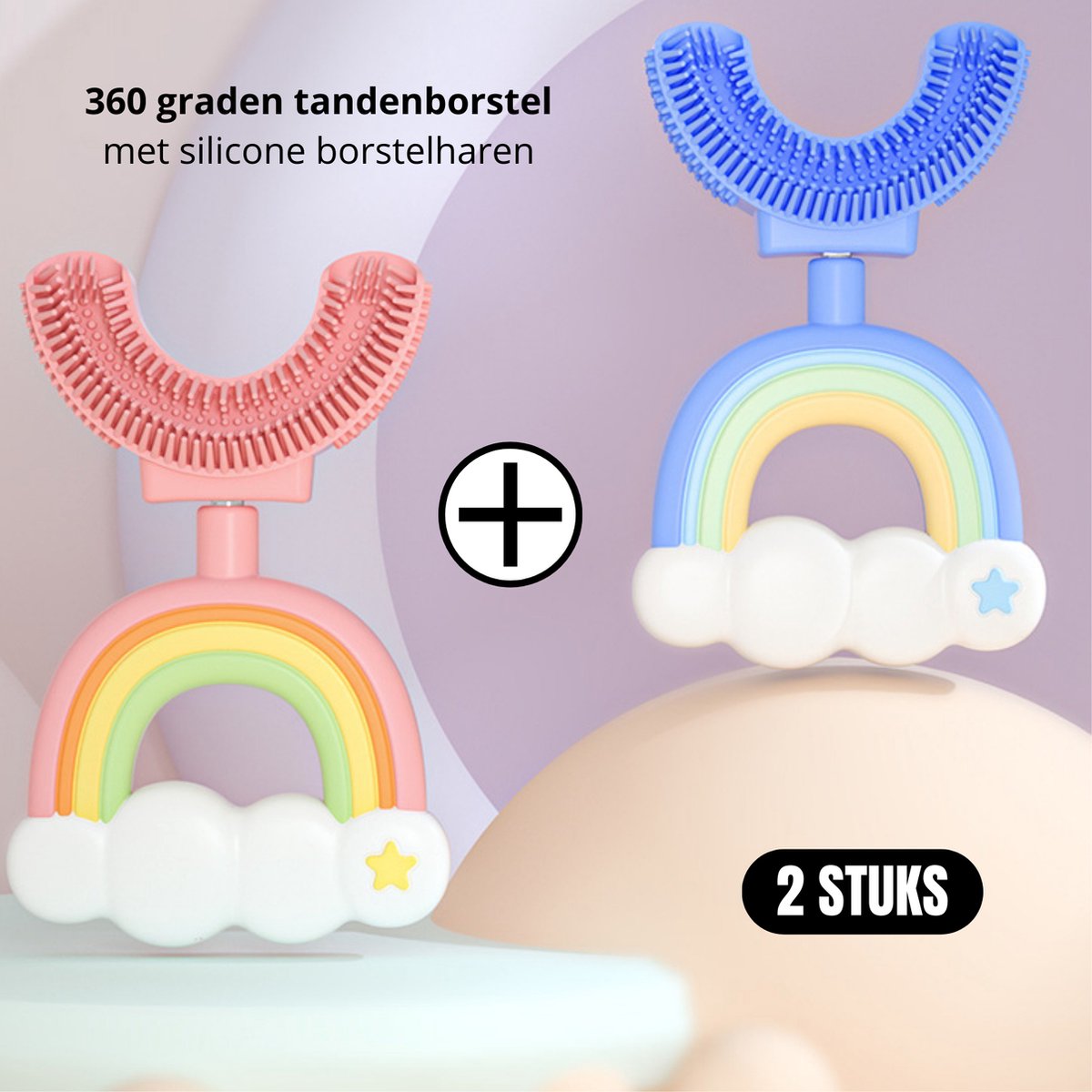 2 Stuks - 360 graden U vormige baby tandenborstel - Blauw Regenboog + Roze Regenboog - 2 in 1 Tandenborstel - Bijtring / Teether - Zachte siliconen - Kinderen tandenborstel - Jongen/Meisje