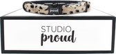 Studio Proud - Halsband - cheetah print met zwarte accessoires - Maat L - bijpassende dispenser en riem mogelijk