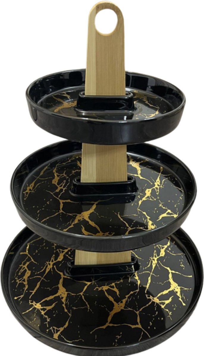 Luxe etagere - Etagere 3 laags - Serveerschaal - Marmeren design - Stevig - Zwart met goud - 27x33 - Keramiek - Bamboe - Cupcakes - Koekjes