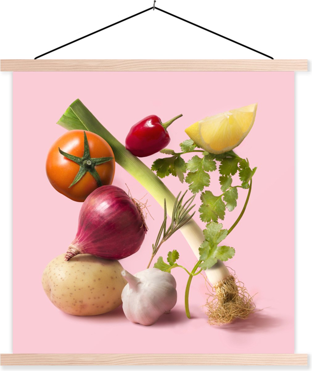 Posterhanger incl. Poster 90x90 cm - Schoolplaat - Groente - Stilleven - Kleuren - Textielposter - Blanke latten op Prijzenvolger.com