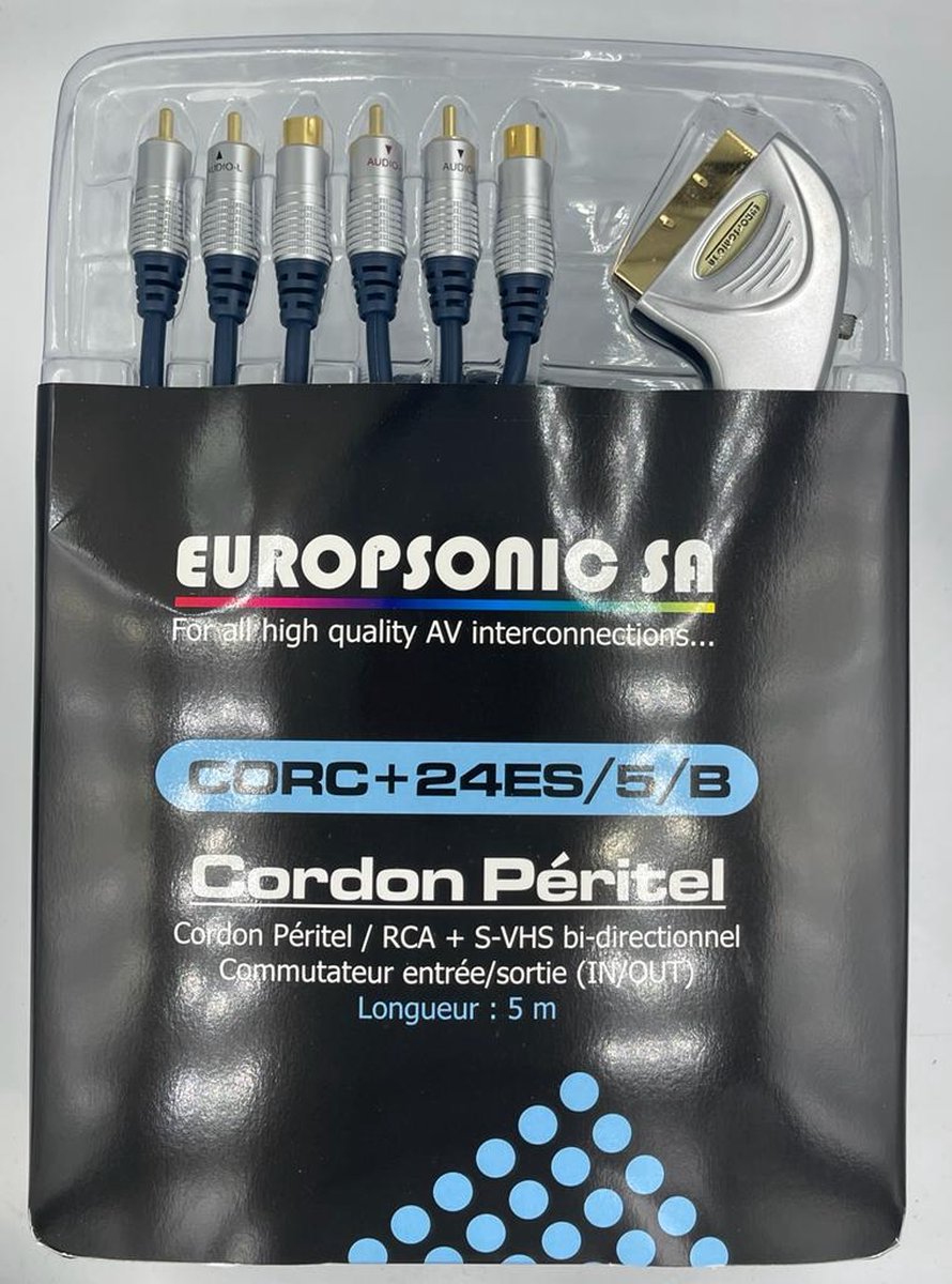 Europsonic - corc + 24ES/B - RCA + S-VHS -  scart snoer ingang uitgang schakelaar - video - audio - 5 meter - europsonic