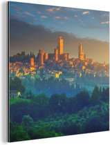 Décoration murale Métal - Peinture Aluminium - Lever de Soleil sur San Gimignano près de la Toscane en Italie - 90x90 cm