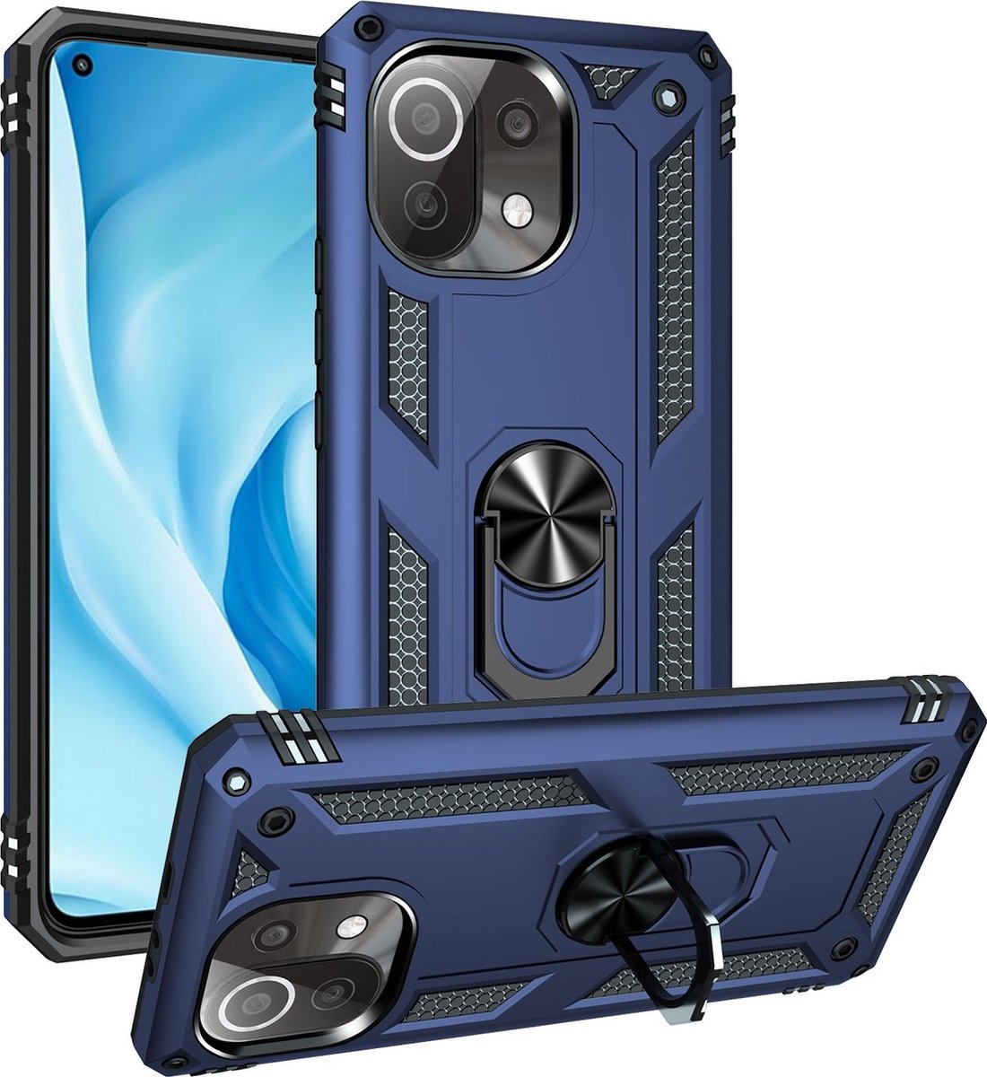 Mobigear Hoesje geschikt voor Xiaomi Mi 11 Lite Telefoonhoesje Hardcase | Mobigear Armor Ring Backcover Shockproof met Ringhouder | Schokbestendig Mi 11 Lite Telefoonhoesje | Anti Shock Proof - Blauw