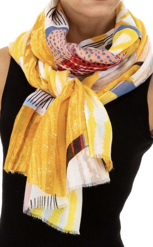 Dames sjaal lang met print 190/90cm geel