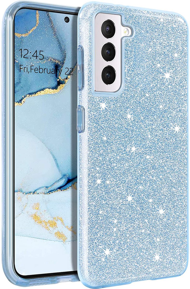 Casemania Hoesje Geschikt voor Samsung Galaxy S23 Plus - Blauw - Glitter Back Cover