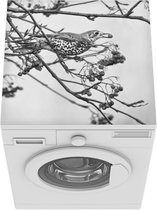 Wasmachine beschermer mat - foto van een grote lijster die een bes opeet - zwart wit - Breedte 60 cm x hoogte 60 cm