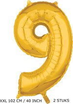 Grote XXL gouden folie ballon cijfer 9 jaar.  leeftijd verjaardag 9. 102 cm 40 inch. Met rietje om op te blazen. 2 stuks