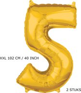 Mega grote XXL gouden folie ballon cijfer 5 jaar. leeftijd verjaardag 5. 115 cm 40 inch. Met rietje om op te blazen. 2 stuks