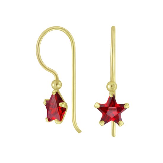 Joy|S - Zilveren classic ster oorbellen - zirkonia rood - oorhangers - 14k goudplating