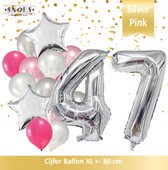 Cijfer Ballon 47 Jaar Zilver Roze White Pearl Boeket * Hoera 47 Jaar Verjaardag Decoratie Set van 15 Ballonnen * 80 cm Verjaardag Nummer Ballon * Snoes * Verjaardag Versiering * Ve