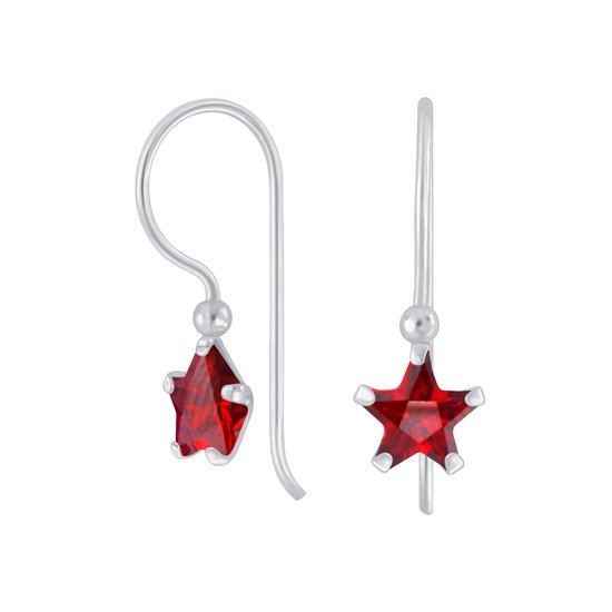 Joy|S - Zilveren classic ster oorhangers - zirkonia rood - oorbellen