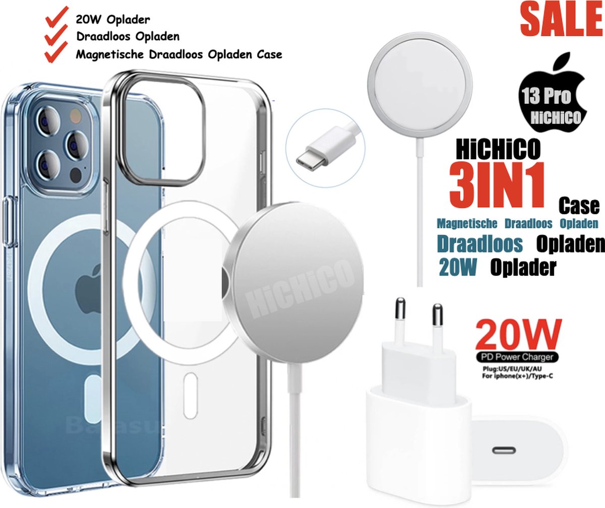 Magnetische Draadloos Opladen Case (Shockproof) + Draadloze Oplader Voor Apple iPhone 13 Pro - iPhone 13 Pro Hoes Met draadloze Magnetische Opladen - iPhone 13 Pro Hoes - Magnetische Draadloze Oplader Hoes voor iPhone 13 Pro – 3IN1 HiCHiCO
