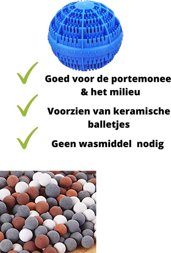Boule de lavage bleue avec des billes en céramique. Texte 'Bon pour le portefeuille & l'environnement', 'Équipé de billes en céramique', 'Pas de détergent nécessaire'.
