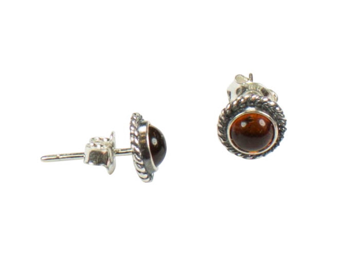 Zilveren knop oorbellen Barnsteen / Amber 925 zilver