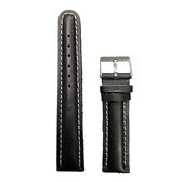 Horlogeband - 20mm - Zwart ( Wit Stiksel ) - Echt leer - Roestvrijstalen gesp