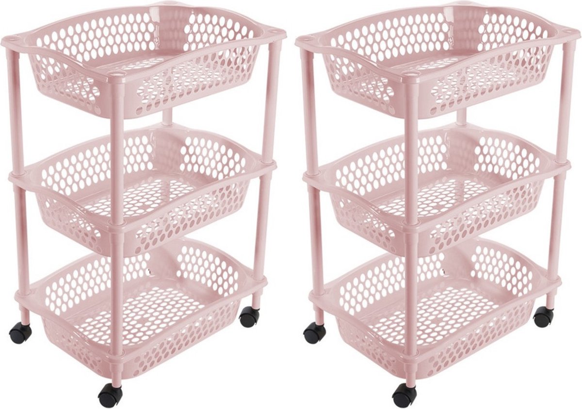 2x stuks keuken/kamer opberg trolleys/roltafels met 3 manden 62 x 41 cm lichtroze - Etagewagentje met opbergkratten