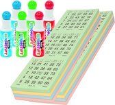 200x Bingokaarten nummers 1-75 inclusief 6x bingostiften blauw/groen/rood