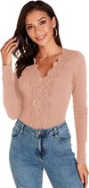 Sexy Elegant T-shirt - Lange Mouw - Vrouwen - V-hals - Roze - Maat M