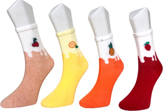 Modernity - Grappige Sokken - Katoenrijke sportsokken met fruitig design - Sokken Dames - 4 paar in geschenkdoos