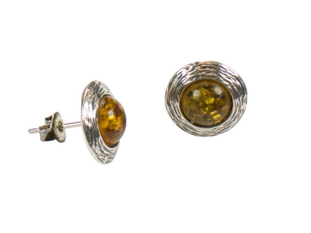 Zilveren knop oorbellen Barnsteen / Amber 925 zilver