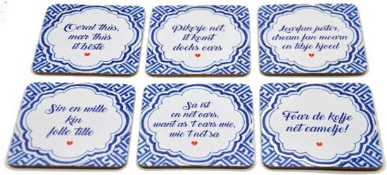 6 onderzetters met Friese teksten/spreuken/gezegdes