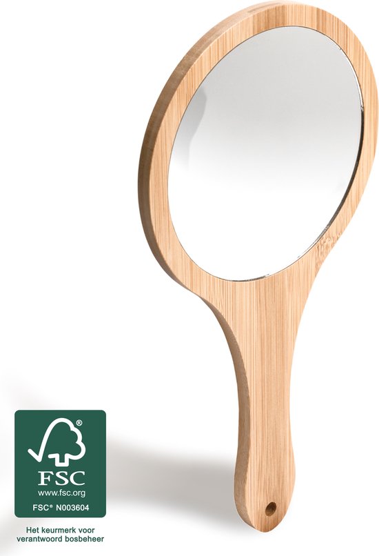 Bamboe Handspiegel met Handvat - 15 cm - Make Up Spiegel / Scheerspiegel / Kappersspiegel / Cosmetica - 150 gram - Kapper