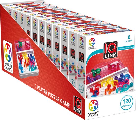 Rij van IQ Link speldozen, met op de voorgrond een doos met spelonderdelen en een boekje.