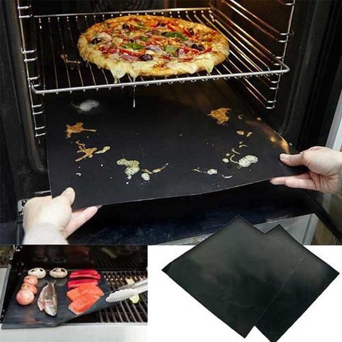 *** Grill Mat Voor Oven / BBQ - 3 Stuks - Hittebestendig Tot 290 Graden - Vaatwasser Bestendig - Zwart-Makkelijk Reinigend - van Heble® ***