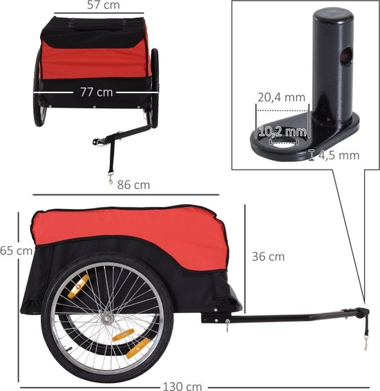 Afmetingen van de rode en zwarte fietskar met maataanduidingen in cm.