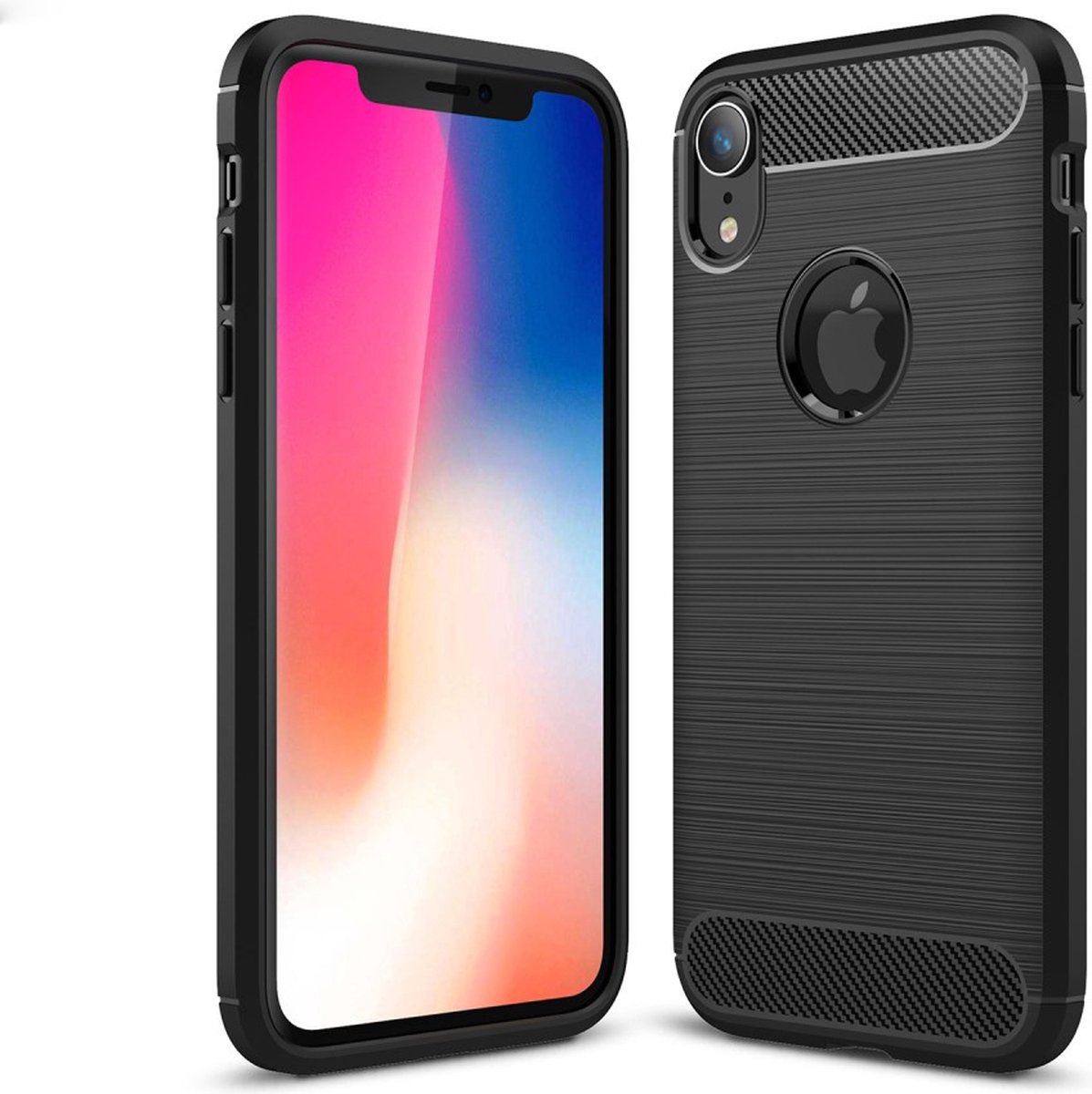 Peachy Brushed Carbon Armor TPU Case geschikt voor iPhone XR - Zwart