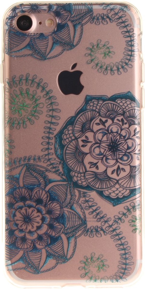 Peachy Doorzichtig Mandala Bloemen geschikt voor iPhone 7 8 SE 2020 SE 2022 TPU hoesje - Blauw