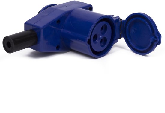 Blauwe haakse connector met een zwarte stekker. De klep van de connector met drie pinnen is geopend.